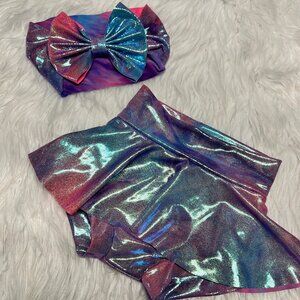 Holographic Purple,Pink,Blue Tie Dye Skirted Bummy and Head Wrap,9-12 Months